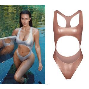 Skims‎ Metallic Swim Cut-Out Monikini Swimsuit Womens Swimwear Champagne 4X NWT
